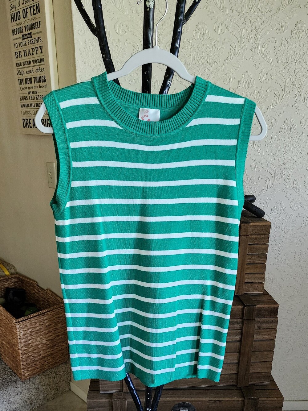 Womens Green & White Striped Knit Sleeveless Top